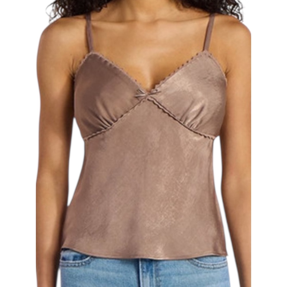 Woven Satin Cami Top Mocha Brown Crochet Trim Bow Coquette Y2K Romantic NWT (M)